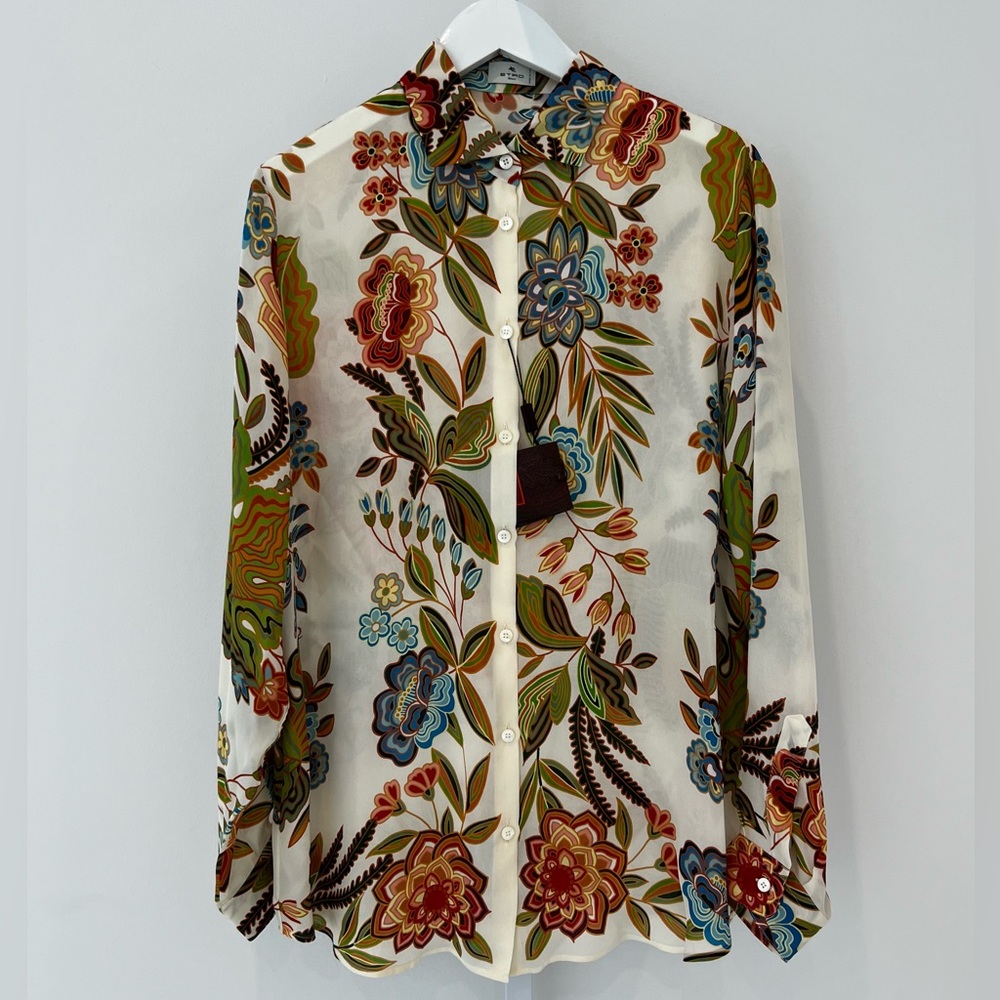ETRO IVORY FLORAL SILK SHIRT SIZE IT 46 / US 12 NWTS!